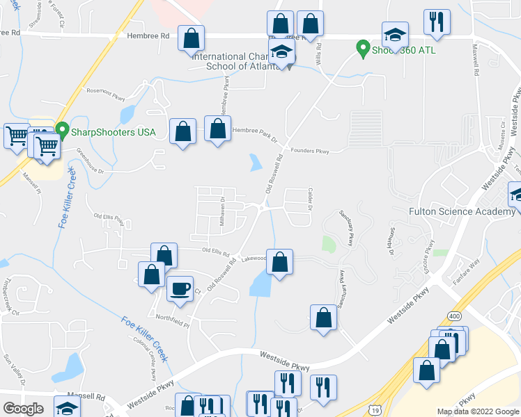 map of restaurants, bars, coffee shops, grocery stores, and more near 2004 Heyward Way in Alpharetta