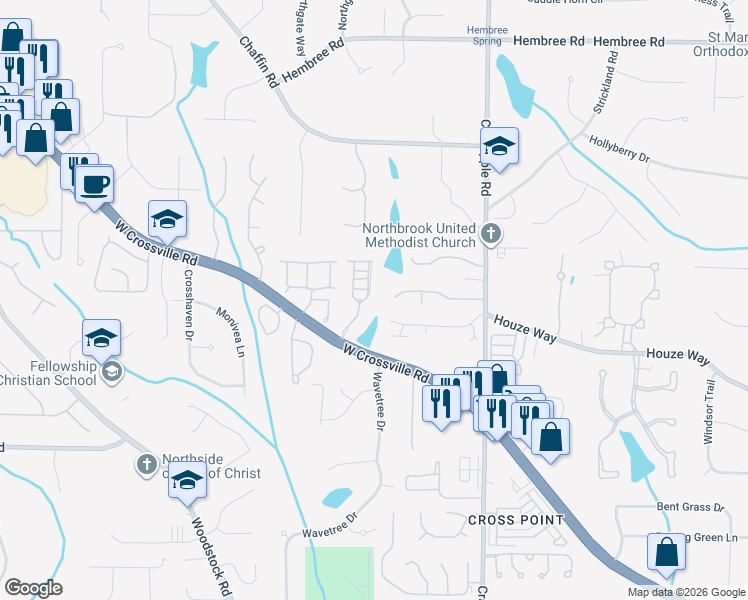 map of restaurants, bars, coffee shops, grocery stores, and more near 1020 Towneship Way in Roswell