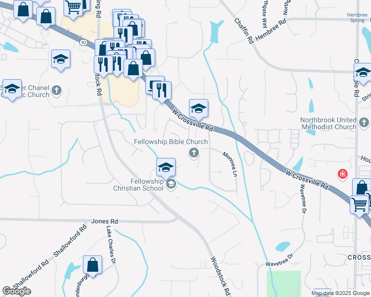 map of restaurants, bars, coffee shops, grocery stores, and more near 1095 Lyndhurst Way in Roswell