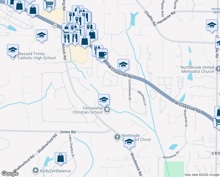 map of restaurants, bars, coffee shops, grocery stores, and more near 480 West Crossville Road in Roswell