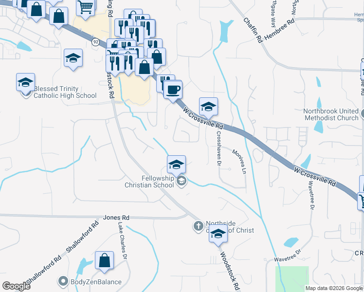 map of restaurants, bars, coffee shops, grocery stores, and more near 480 West Crossville Road in Roswell