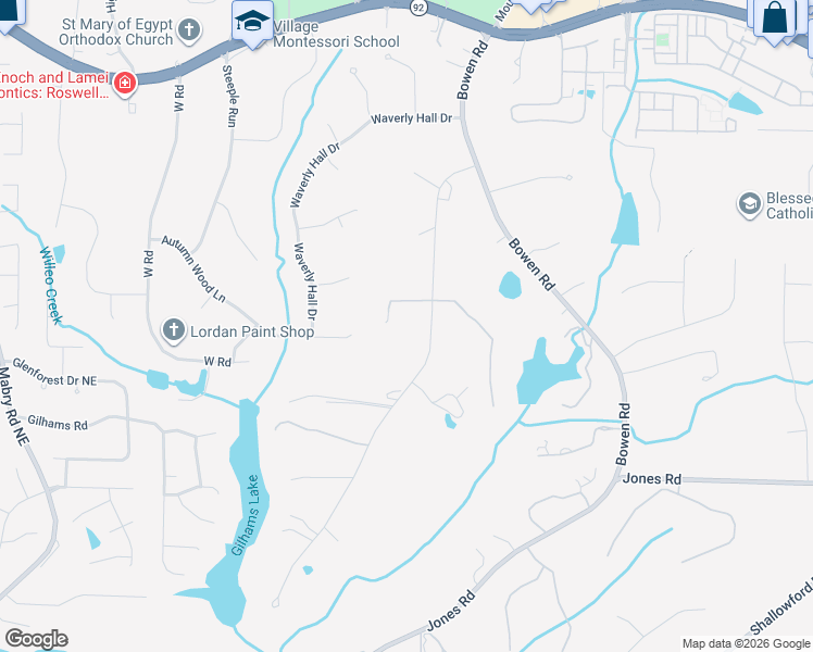 map of restaurants, bars, coffee shops, grocery stores, and more near 11155 Stroup Road in Roswell