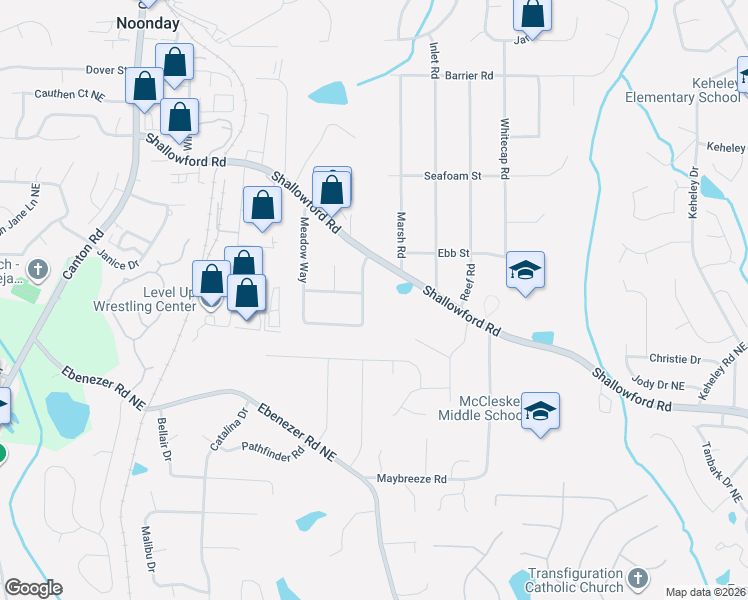 map of restaurants, bars, coffee shops, grocery stores, and more near 4071 Meadow Way in Marietta