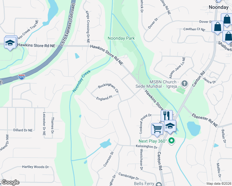 map of restaurants, bars, coffee shops, grocery stores, and more near 301 England Place in Marietta