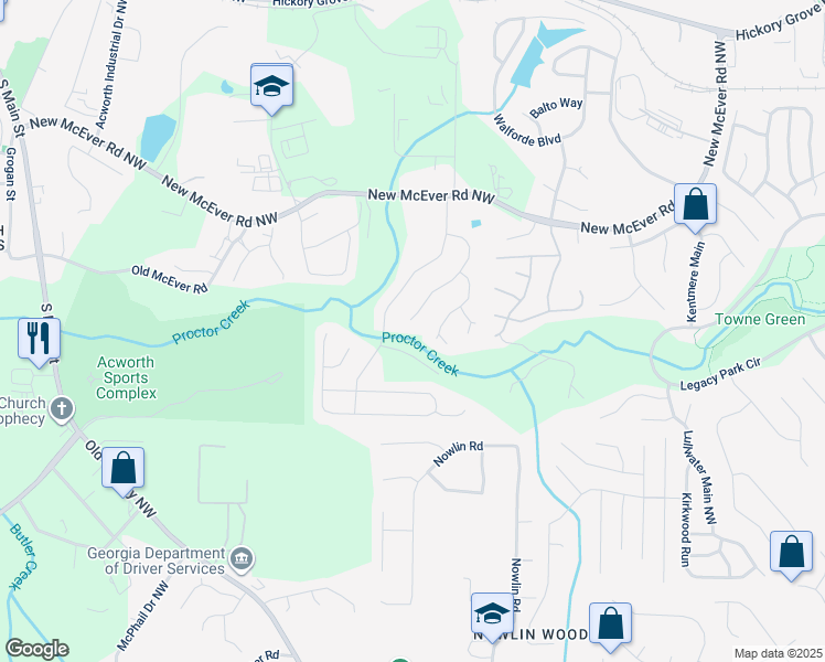 map of restaurants, bars, coffee shops, grocery stores, and more near 4000 Mcpherson Drive in Acworth