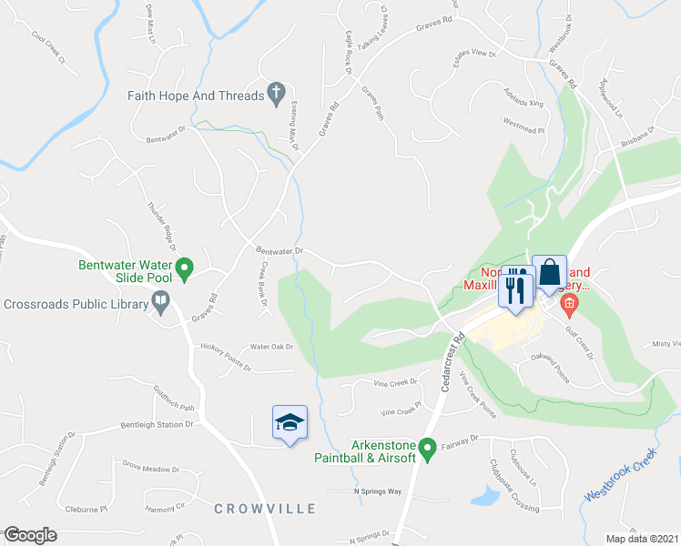 map of restaurants, bars, coffee shops, grocery stores, and more near 421 Bentwater Drive in Acworth