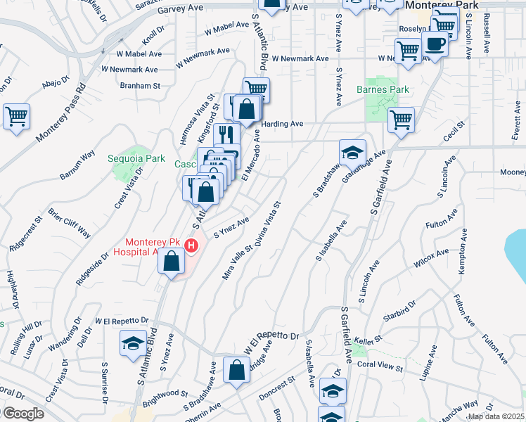 map of restaurants, bars, coffee shops, grocery stores, and more near 771 Divina Vista Street in Monterey Park