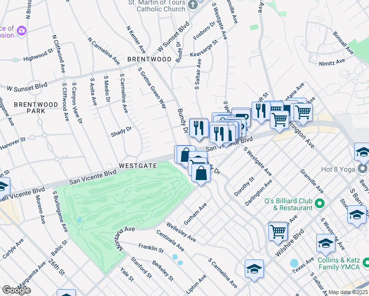map of restaurants, bars, coffee shops, grocery stores, and more near 12115 San Vicente Boulevard in Los Angeles