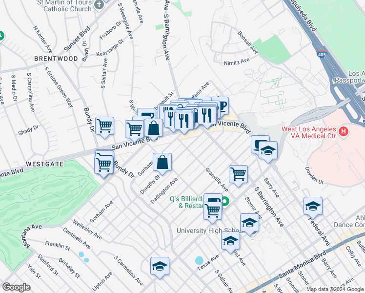 map of restaurants, bars, coffee shops, grocery stores, and more near 871 Granville Avenue in Los Angeles