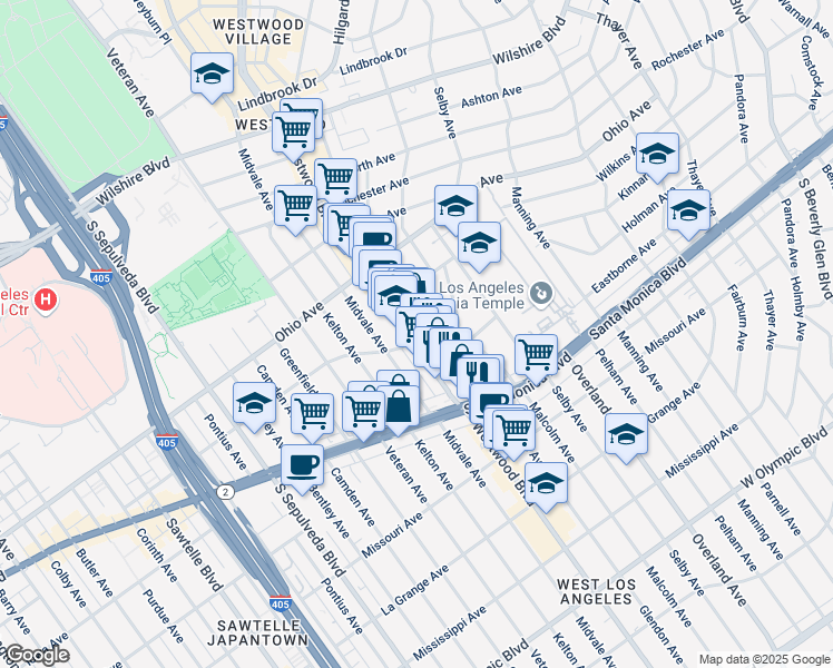 map of restaurants, bars, coffee shops, grocery stores, and more near 1716 Westwood Boulevard in Los Angeles