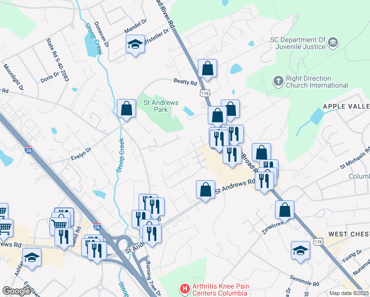 map of restaurants, bars, coffee shops, grocery stores, and more near 1205 Metze Road in Columbia