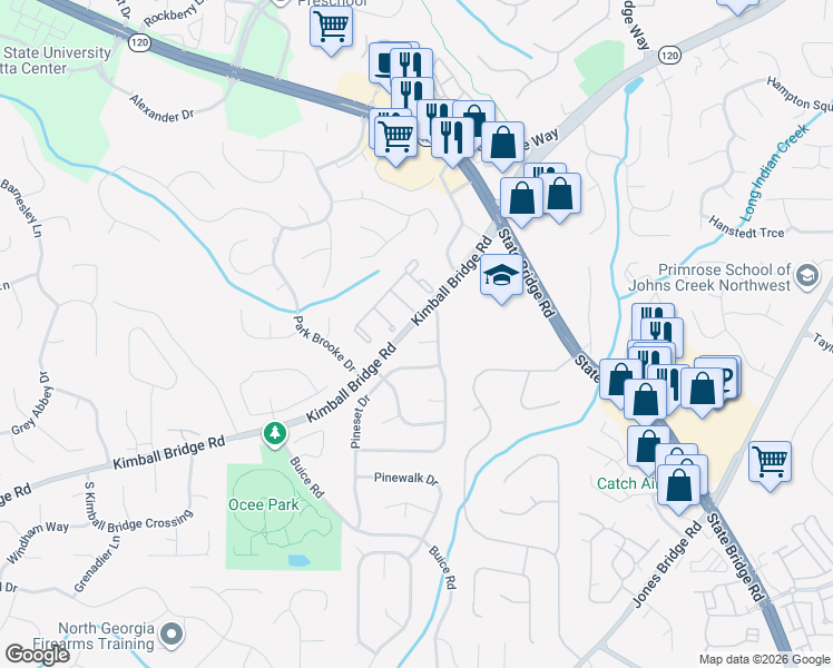 map of restaurants, bars, coffee shops, grocery stores, and more near 125 Pine Top Court in Alpharetta
