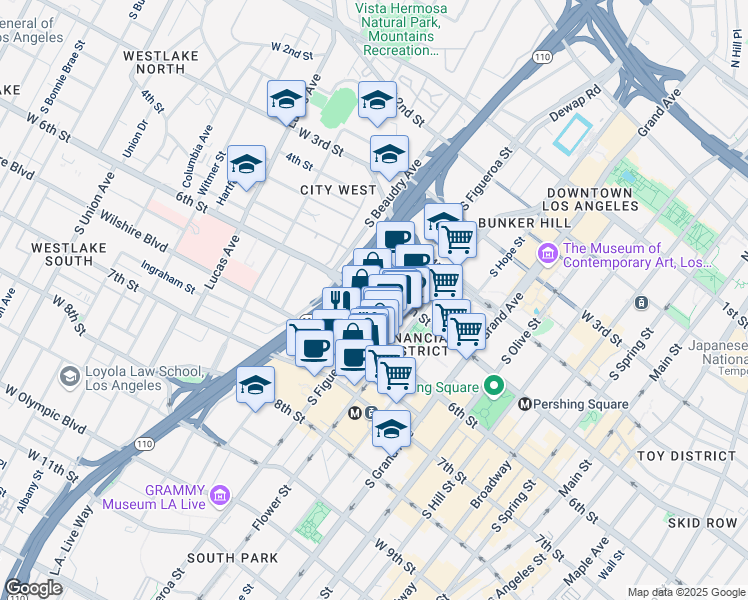 map of restaurants, bars, coffee shops, grocery stores, and more near 545 South Figueroa Street in Los Angeles