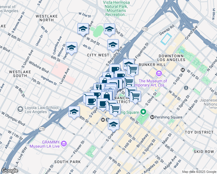 map of restaurants, bars, coffee shops, grocery stores, and more near 515 South Figueroa Street in Los Angeles