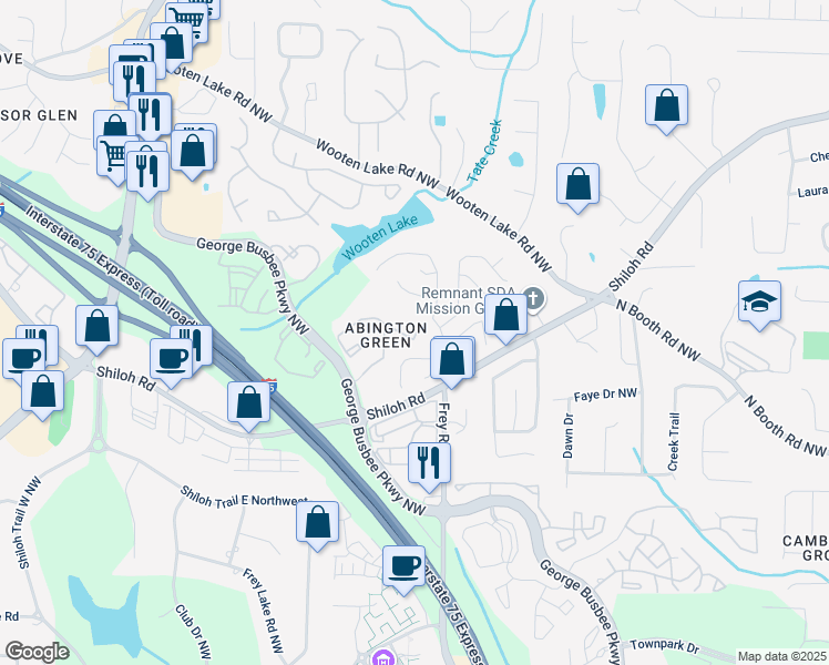 map of restaurants, bars, coffee shops, grocery stores, and more near 4044 George Busbee Parkway Northwest in Kennesaw