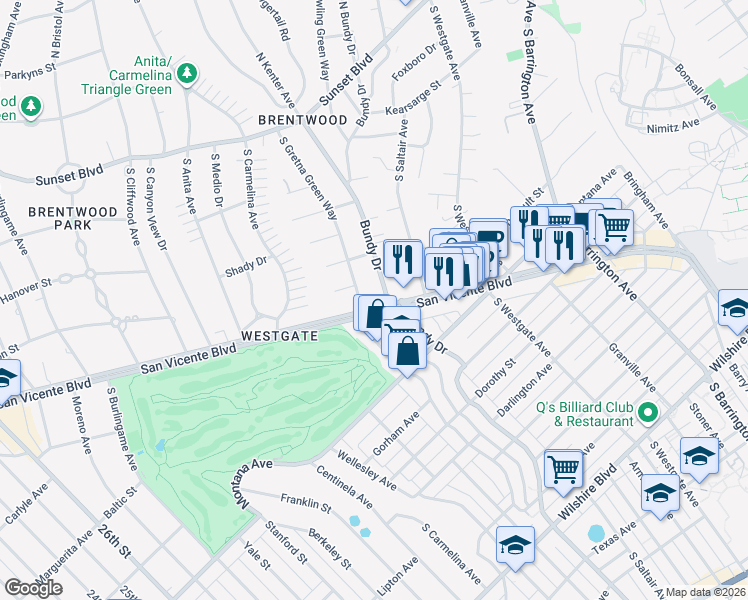 map of restaurants, bars, coffee shops, grocery stores, and more near 12115 San Vicente Boulevard in Los Angeles
