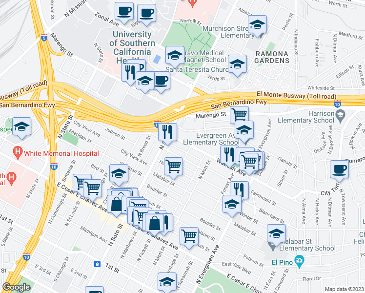 map of restaurants, bars, coffee shops, grocery stores, and more near 2440 Wabash Avenue in Los Angeles
