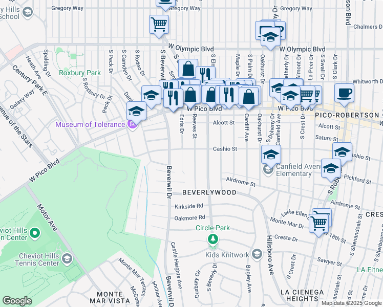 map of restaurants, bars, coffee shops, grocery stores, and more near 1511 Reeves Street in Los Angeles
