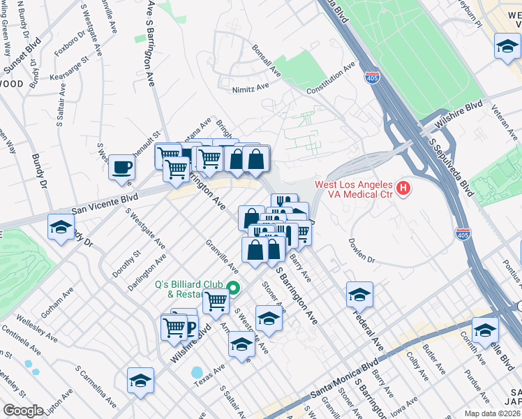 map of restaurants, bars, coffee shops, grocery stores, and more near 11500 San Vicente Boulevard in Los Angeles