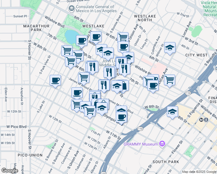 map of restaurants, bars, coffee shops, grocery stores, and more near 820 South Union Avenue in Los Angeles