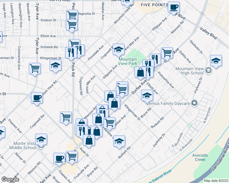 map of restaurants, bars, coffee shops, grocery stores, and more near 12203 Klingerman Street in El Monte