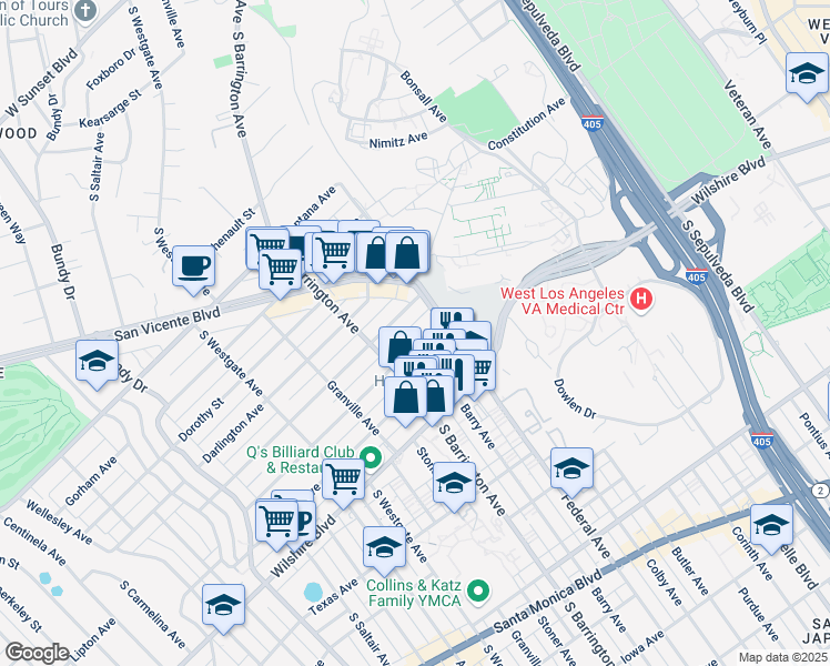map of restaurants, bars, coffee shops, grocery stores, and more near 1145 Barry Avenue in Los Angeles