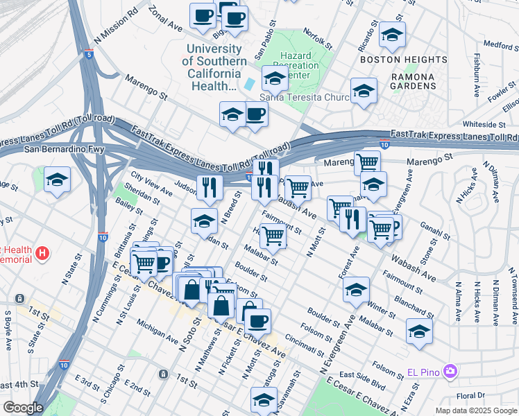map of restaurants, bars, coffee shops, grocery stores, and more near 900 North Soto Street in Los Angeles