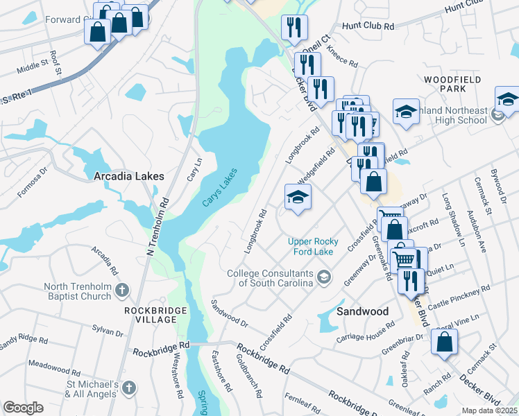 map of restaurants, bars, coffee shops, grocery stores, and more near 6725 Longbrook Road in Columbia