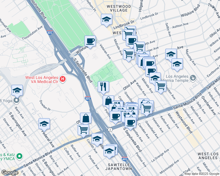 map of restaurants, bars, coffee shops, grocery stores, and more near 1422 South Bentley Avenue in Los Angeles