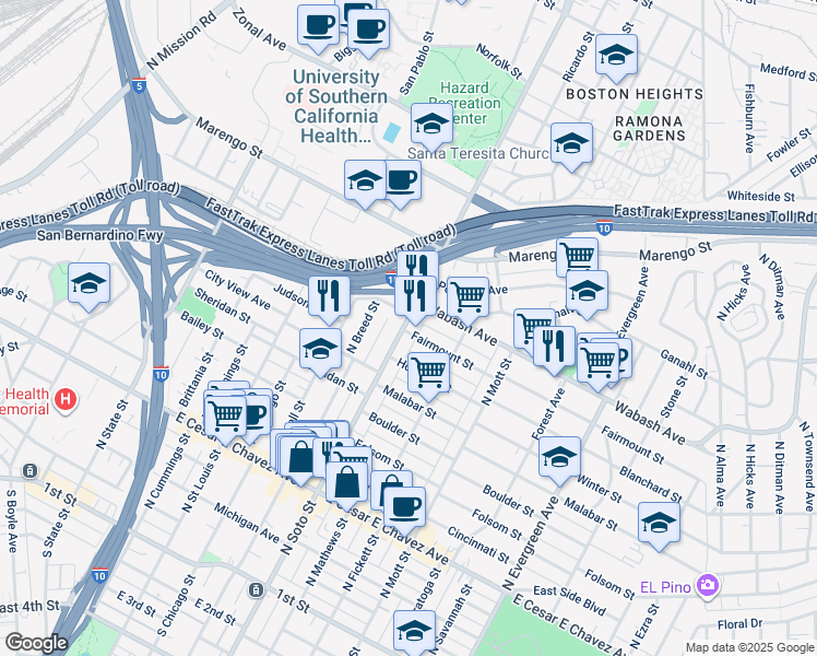 map of restaurants, bars, coffee shops, grocery stores, and more near 900 North Soto Street in Los Angeles