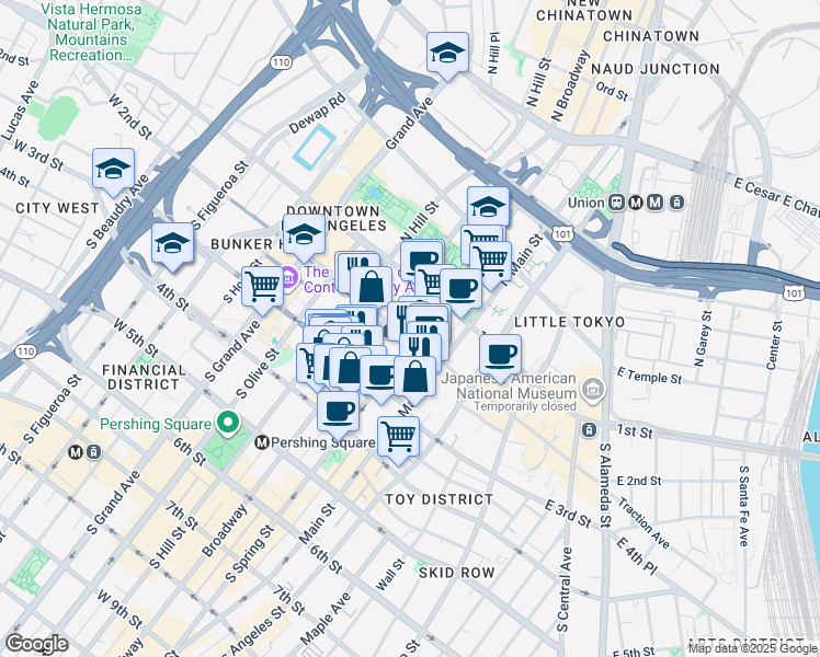 map of restaurants, bars, coffee shops, grocery stores, and more near 213 South Spring Street in Los Angeles