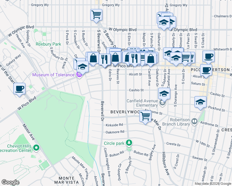 map of restaurants, bars, coffee shops, grocery stores, and more near 1511 Reeves Street in Los Angeles