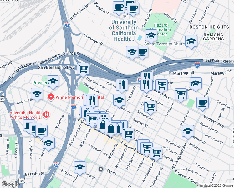 map of restaurants, bars, coffee shops, grocery stores, and more near 2127 City View Avenue in Los Angeles