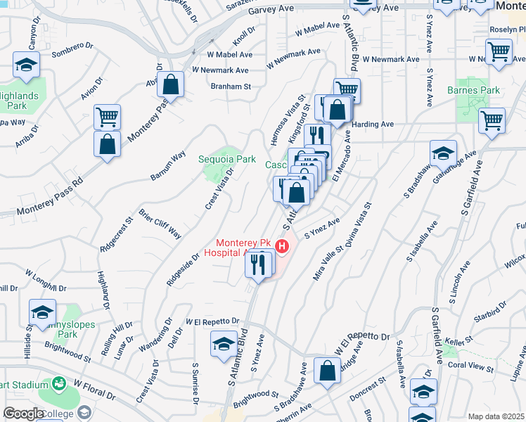 map of restaurants, bars, coffee shops, grocery stores, and more near 888 Kingsford Street in Monterey Park