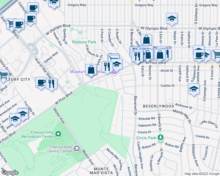 map of restaurants, bars, coffee shops, grocery stores, and more near 1420 Peerless Place in Los Angeles