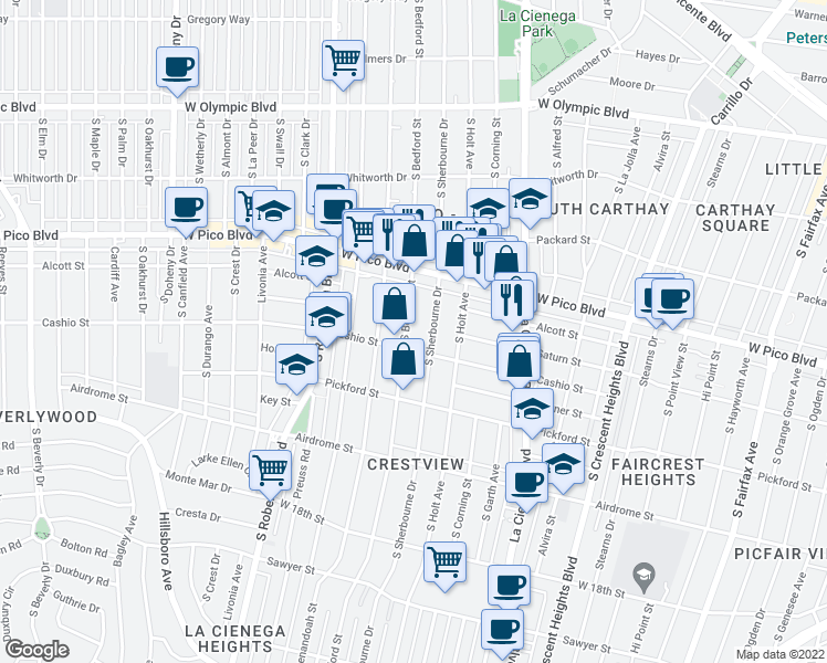 map of restaurants, bars, coffee shops, grocery stores, and more near 8635 Cashio Street in Los Angeles