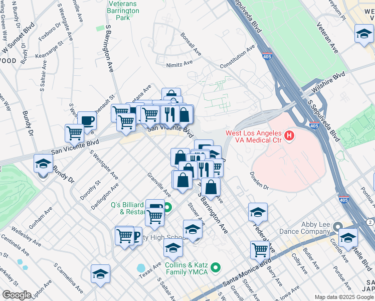 map of restaurants, bars, coffee shops, grocery stores, and more near 11500 San Vicente Boulevard in Los Angeles