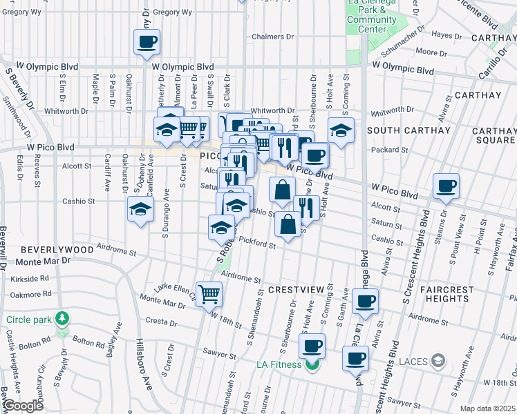 map of restaurants, bars, coffee shops, grocery stores, and more near 1518 South Robertson Boulevard in Los Angeles