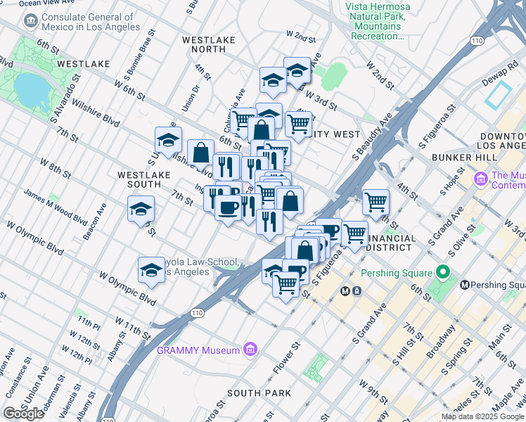 map of restaurants, bars, coffee shops, grocery stores, and more near 1110 Ingraham Street in Los Angeles