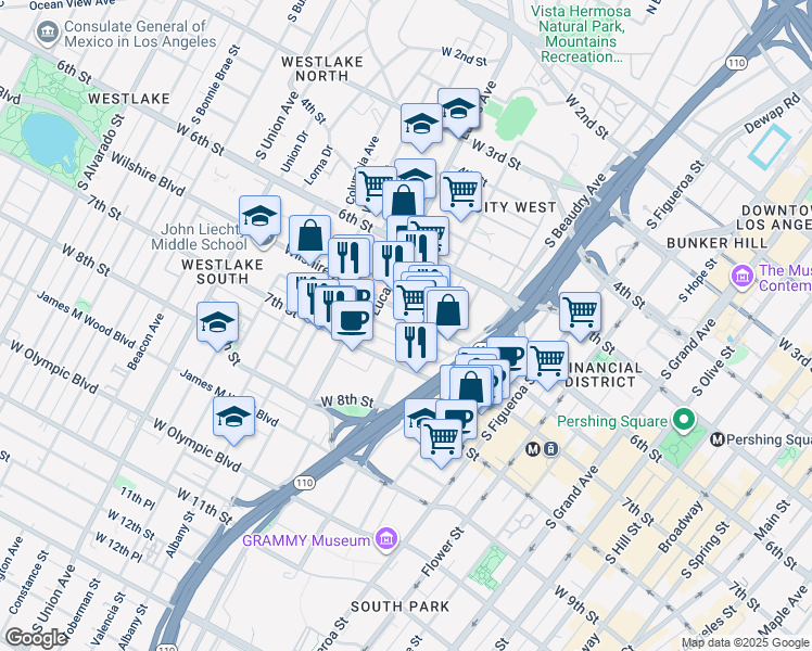 map of restaurants, bars, coffee shops, grocery stores, and more near 1100 Wilshire Boulevard in Los Angeles