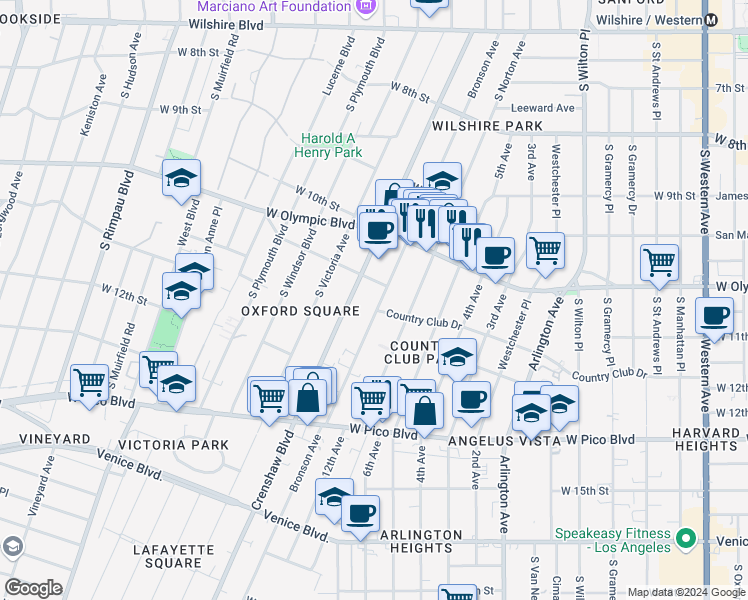 map of restaurants, bars, coffee shops, grocery stores, and more near 1117 South Bronson Avenue in Los Angeles