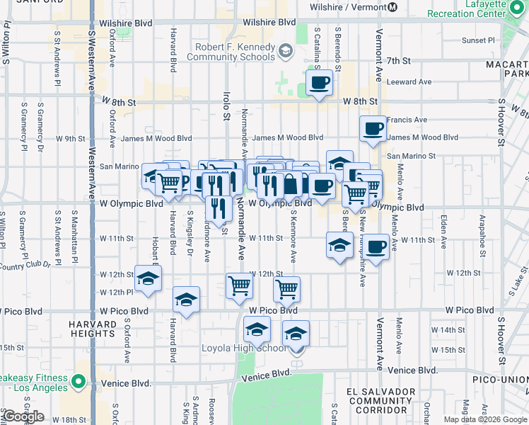 map of restaurants, bars, coffee shops, grocery stores, and more near 1039 South Mariposa Avenue in Los Angeles