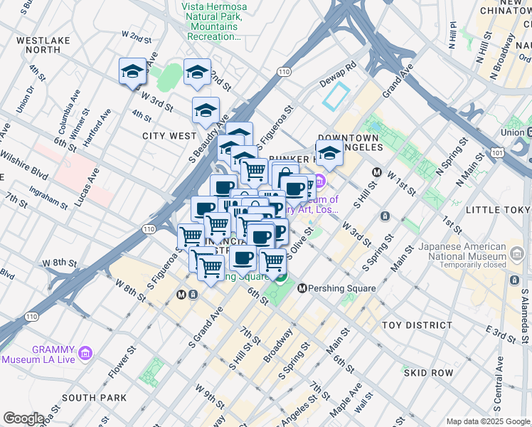 map of restaurants, bars, coffee shops, grocery stores, and more near 400 South Hope Street in Los Angeles