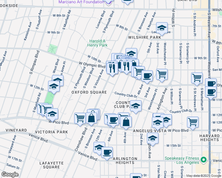 map of restaurants, bars, coffee shops, grocery stores, and more near 1117 South Bronson Avenue in Los Angeles