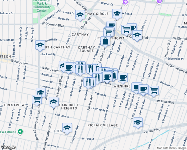 map of restaurants, bars, coffee shops, grocery stores, and more near in Los Angeles