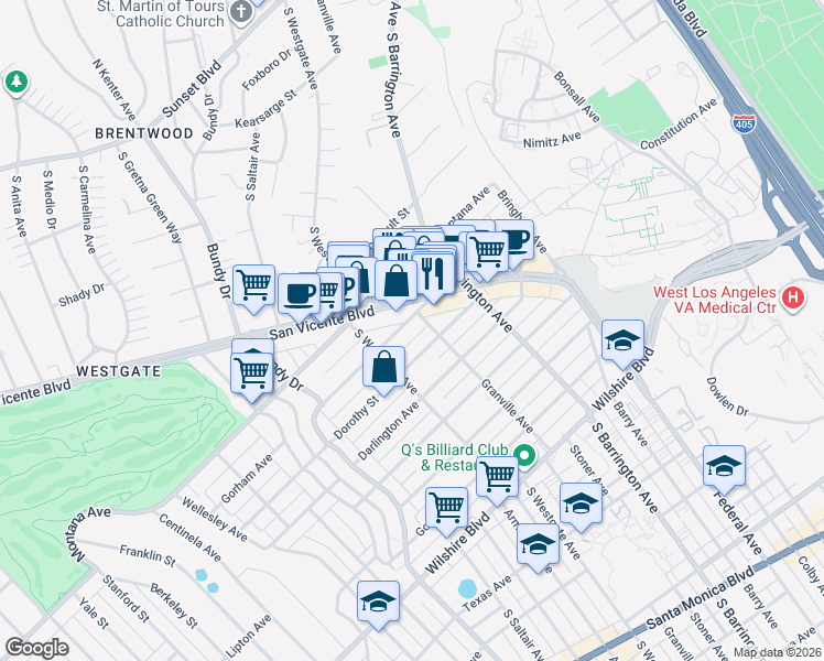 map of restaurants, bars, coffee shops, grocery stores, and more near 11840 Gorham Avenue in Los Angeles