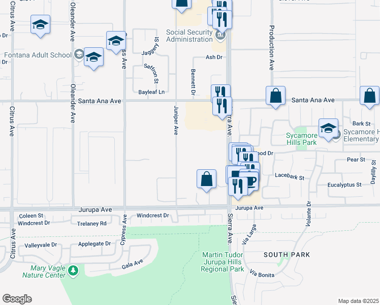 map of restaurants, bars, coffee shops, grocery stores, and more near 11119 Juniper Avenue in Fontana