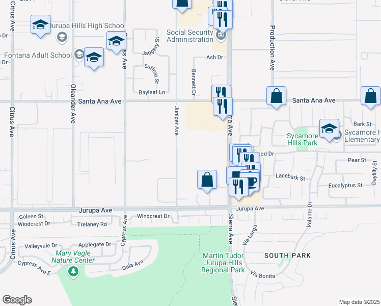 map of restaurants, bars, coffee shops, grocery stores, and more near 11119 Juniper Avenue in Fontana