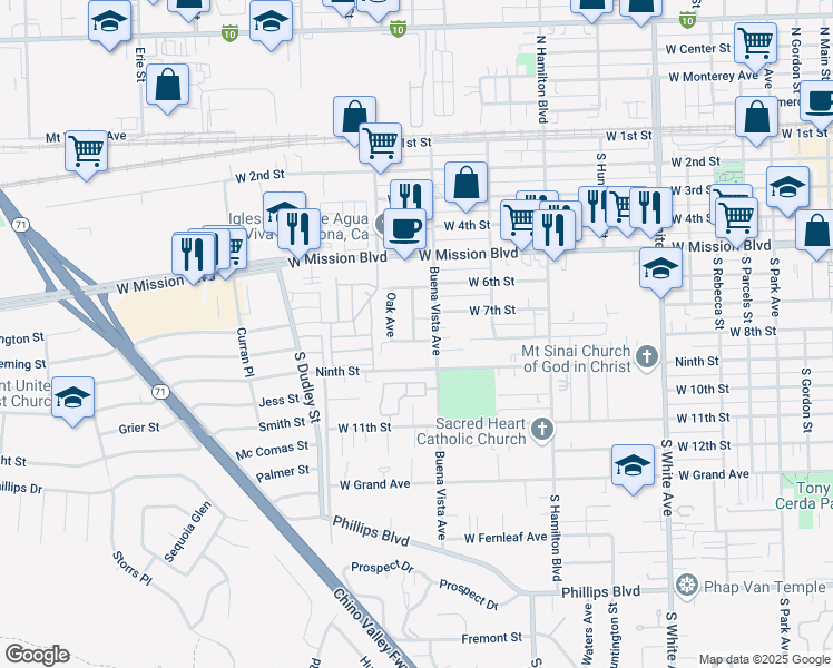 map of restaurants, bars, coffee shops, grocery stores, and more near 764 South Currier Street in Pomona
