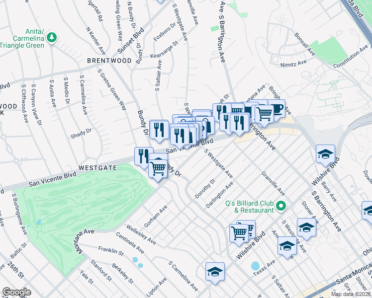 map of restaurants, bars, coffee shops, grocery stores, and more near 11940 San Vicente Boulevard in Los Angeles